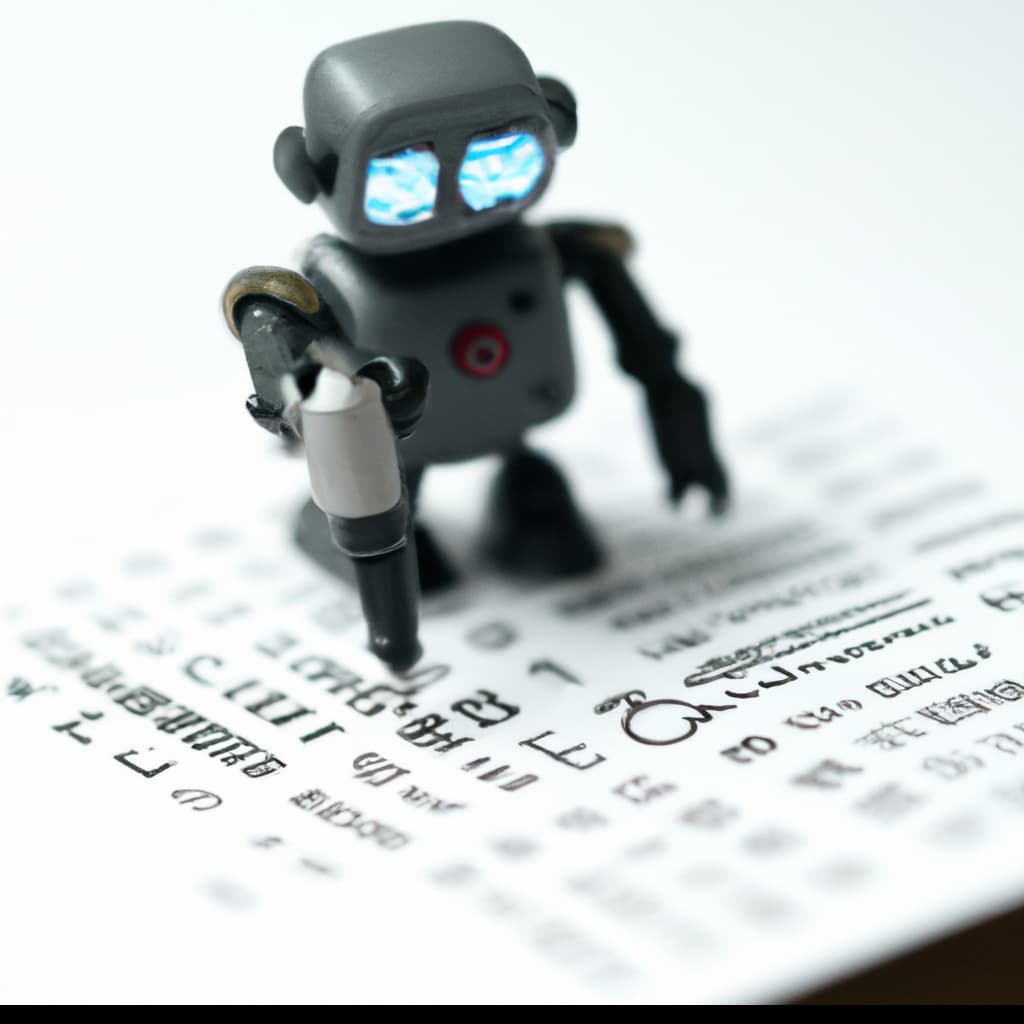 A small gray toy robot with glowing blue eyes holding a pen and writing lines of code-like characters on a sheet of white paper