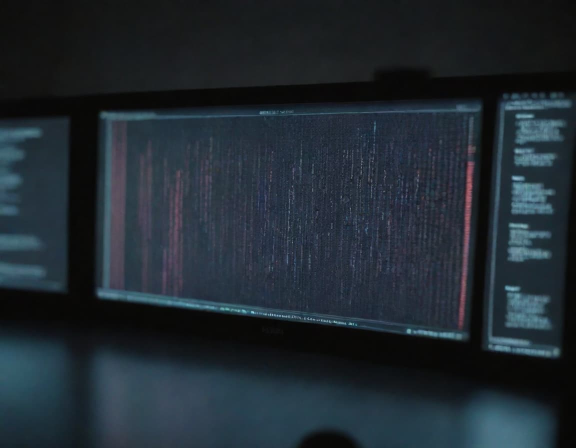 Dimly lit row of computer monitors, the center screen filled with dense columns of red and blue text