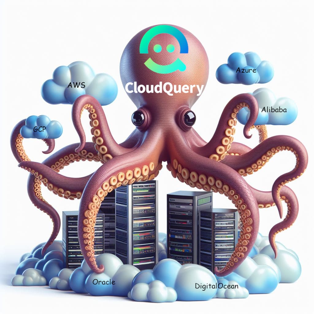 Illustration of an octopus bearing the CloudQuery logo wrapping its tentacles around server racks, among clouds labeled AWS, Azure, GCP, Alibaba, Oracle, and DigitalOcean