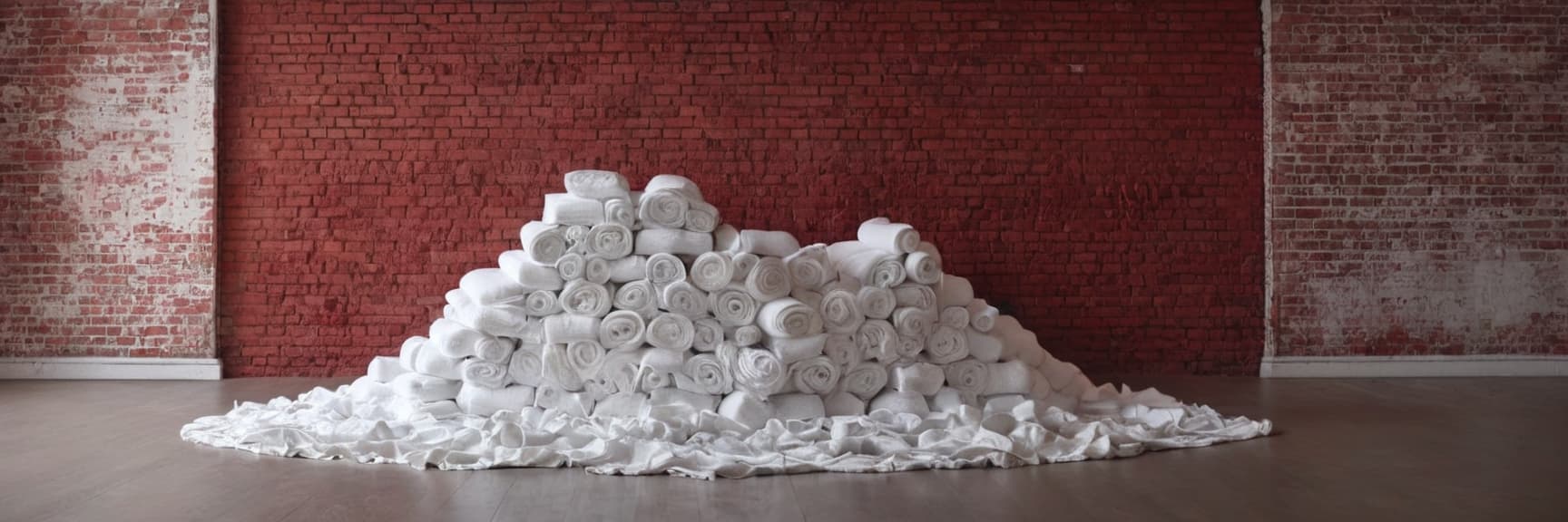 Large pile of rolled white rags and towels heaped on a wooden floor in front of a red brick wall