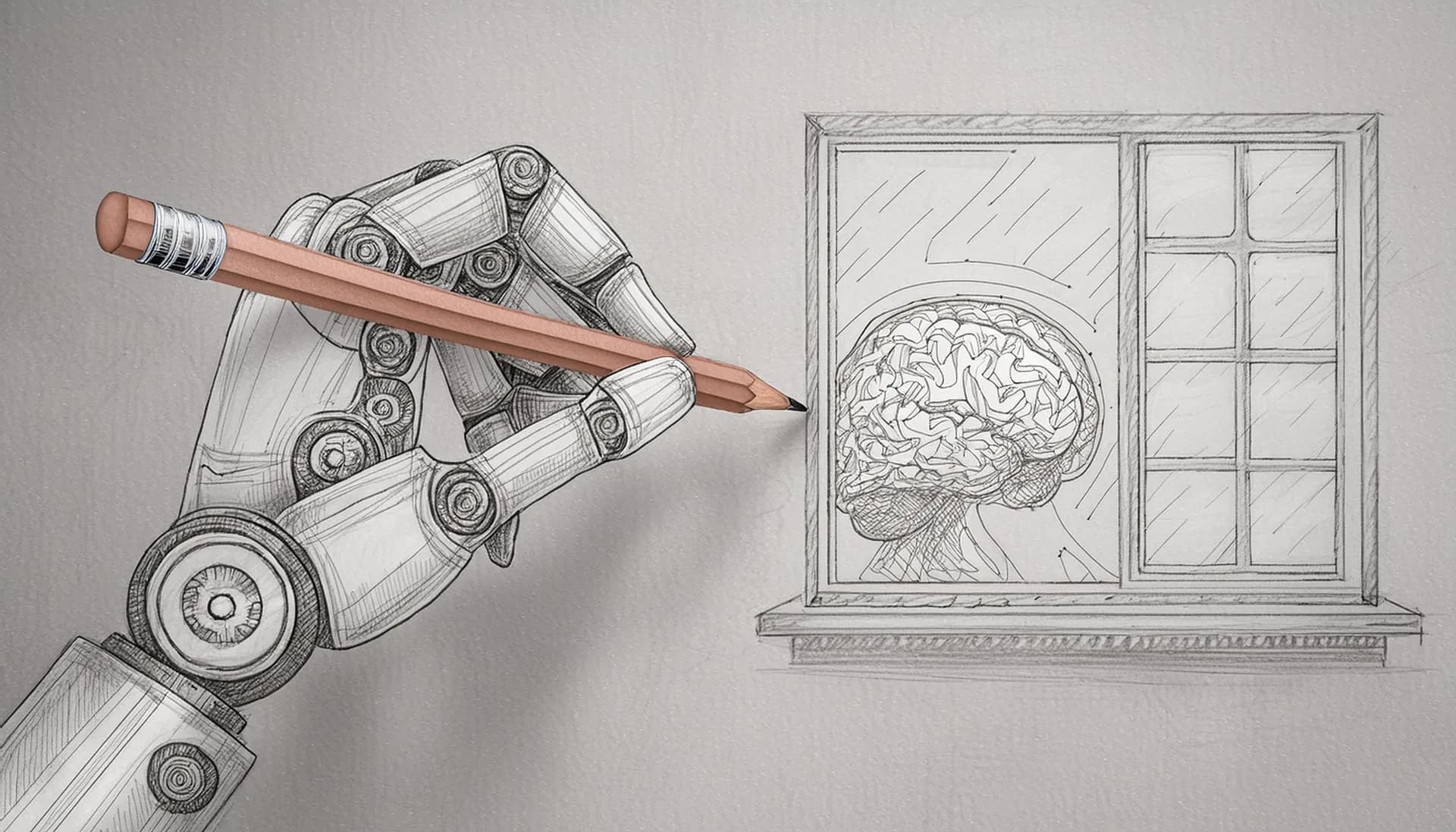 Pencil sketch of a robotic hand holding a real pencil and drawing a window with a human brain visible through the glass