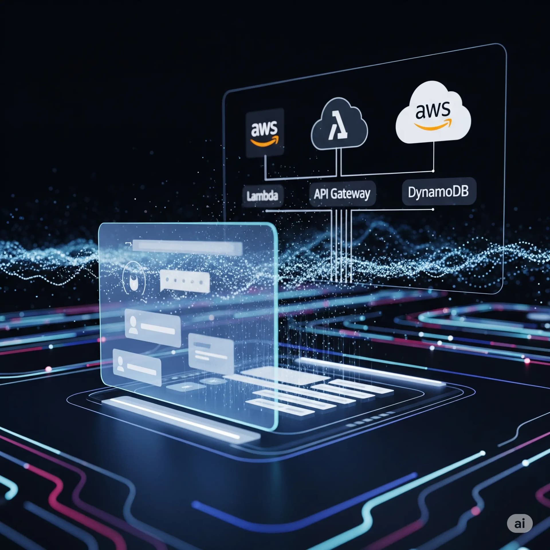 Illustration of a glowing translucent chat interface linked to a floating panel of AWS icons labeled Lambda, API Gateway, and DynamoDB over circuit-like lines