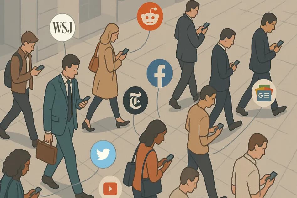 Illustration of people walking down a city sidewalk looking at their phones, surrounded by icons for news and social media sources such as WSJ, Reddit, Facebook, The New York Times, Twitter, and YouTube