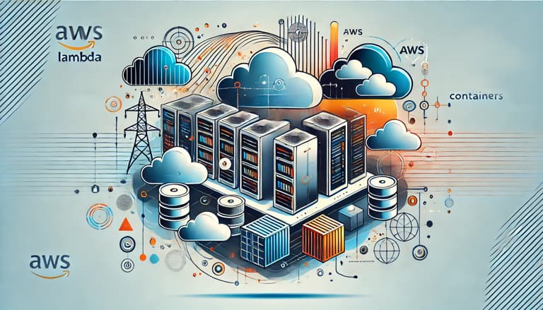 Illustration of server racks, database cylinders, and shipping containers among clouds, with labels reading AWS Lambda and Containers