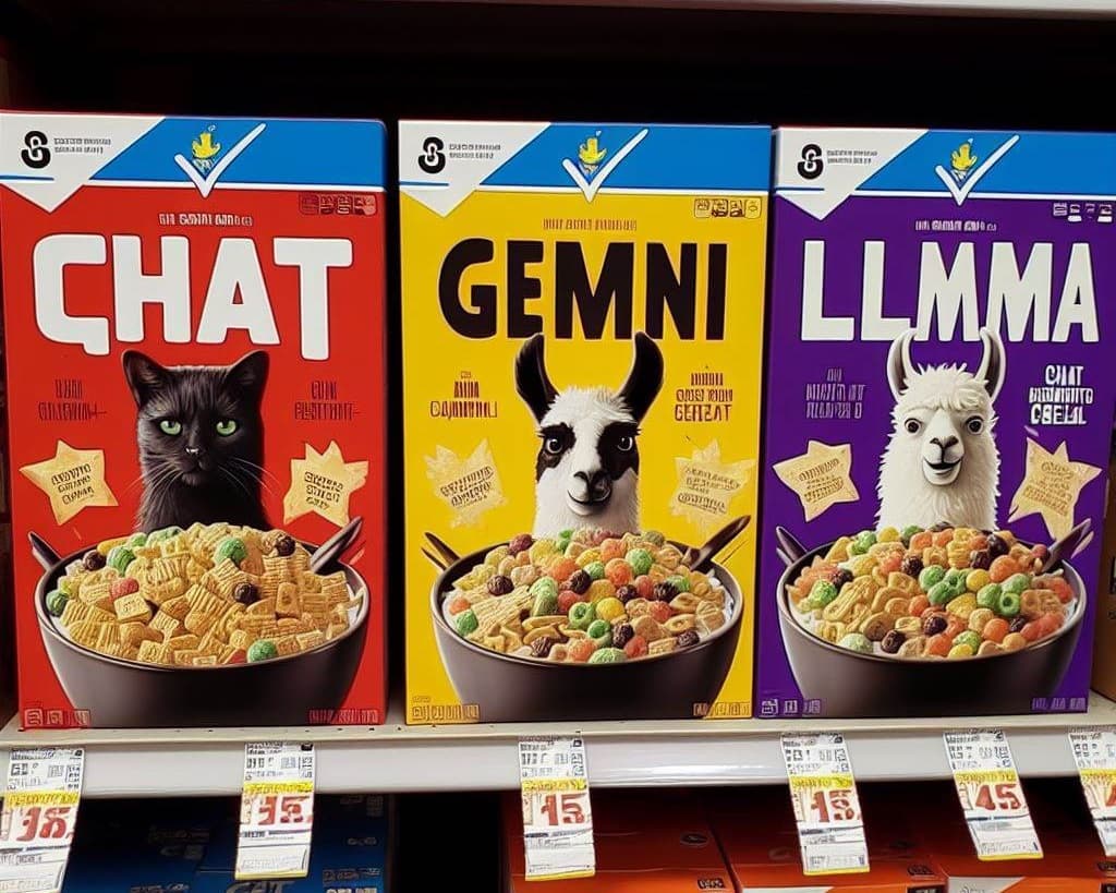Three cereal boxes on a store shelf labeled CHAT with a black cat, GEMNI with a llama, and LLMMA with a white llama, each showing a bowl of cereal