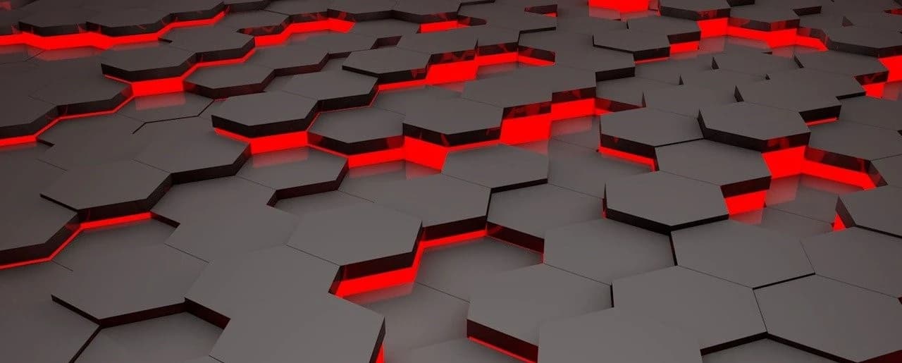 Field of dark gray hexagonal tiles at slightly different heights, with glowing red light showing through the gaps between them