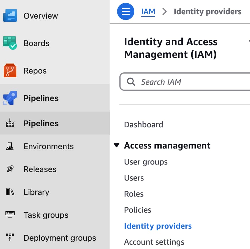 Side-by-side screenshots of the Azure DevOps Pipelines menu and the AWS IAM console navigation with Identity providers highlighted
