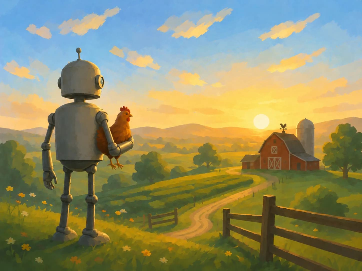 Painting of a metal robot holding a chicken on a grassy hill, looking toward a red barn and silo at sunrise